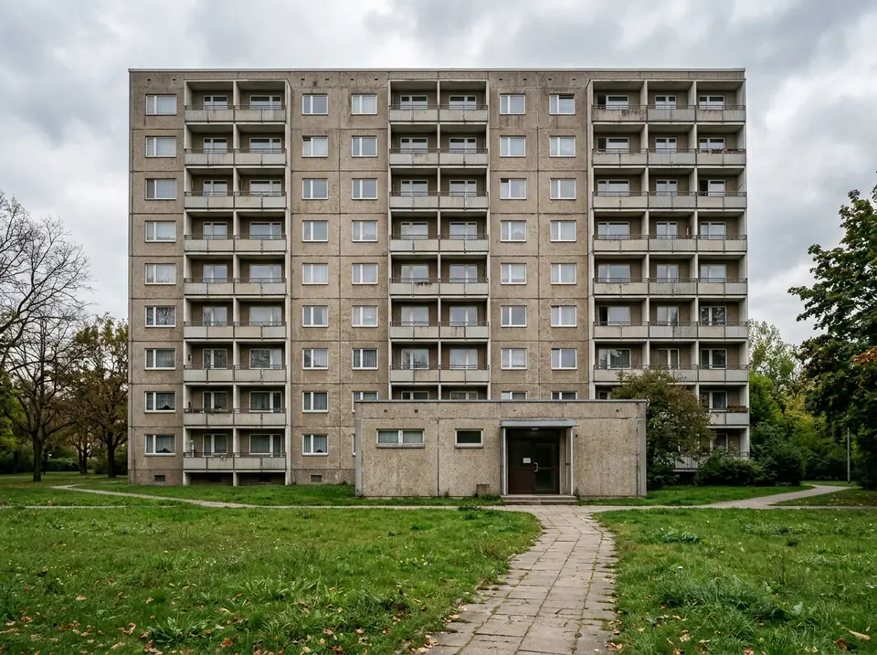 Többemeletes panelház erkélysorokkal, előtte gyep és járda